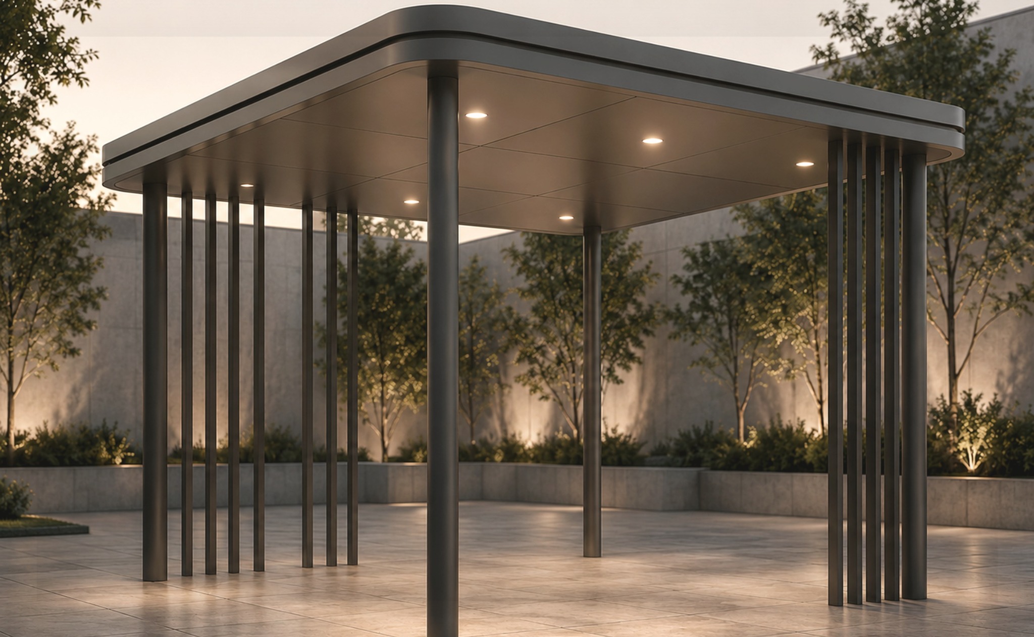 Graphite pergola with integrated lighting